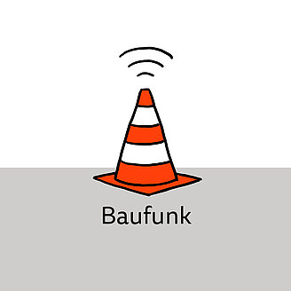 © Daniel Jennewein / RKW Kompetenzzentrum Illustration mit einer Pylone und der Beschriftung Baufunk